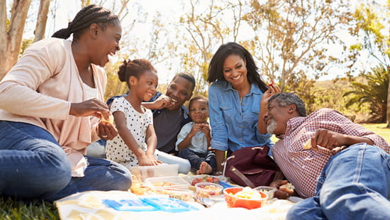 An intergenerational family enjoying a picnic together